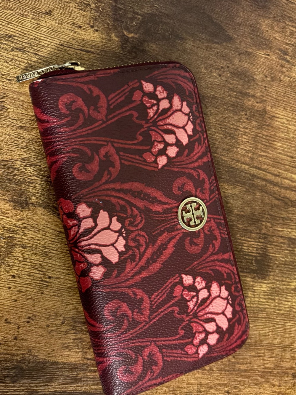 Authentic Tory Burch Floral Print Zip Around Continental Wallet Burgundy Pink